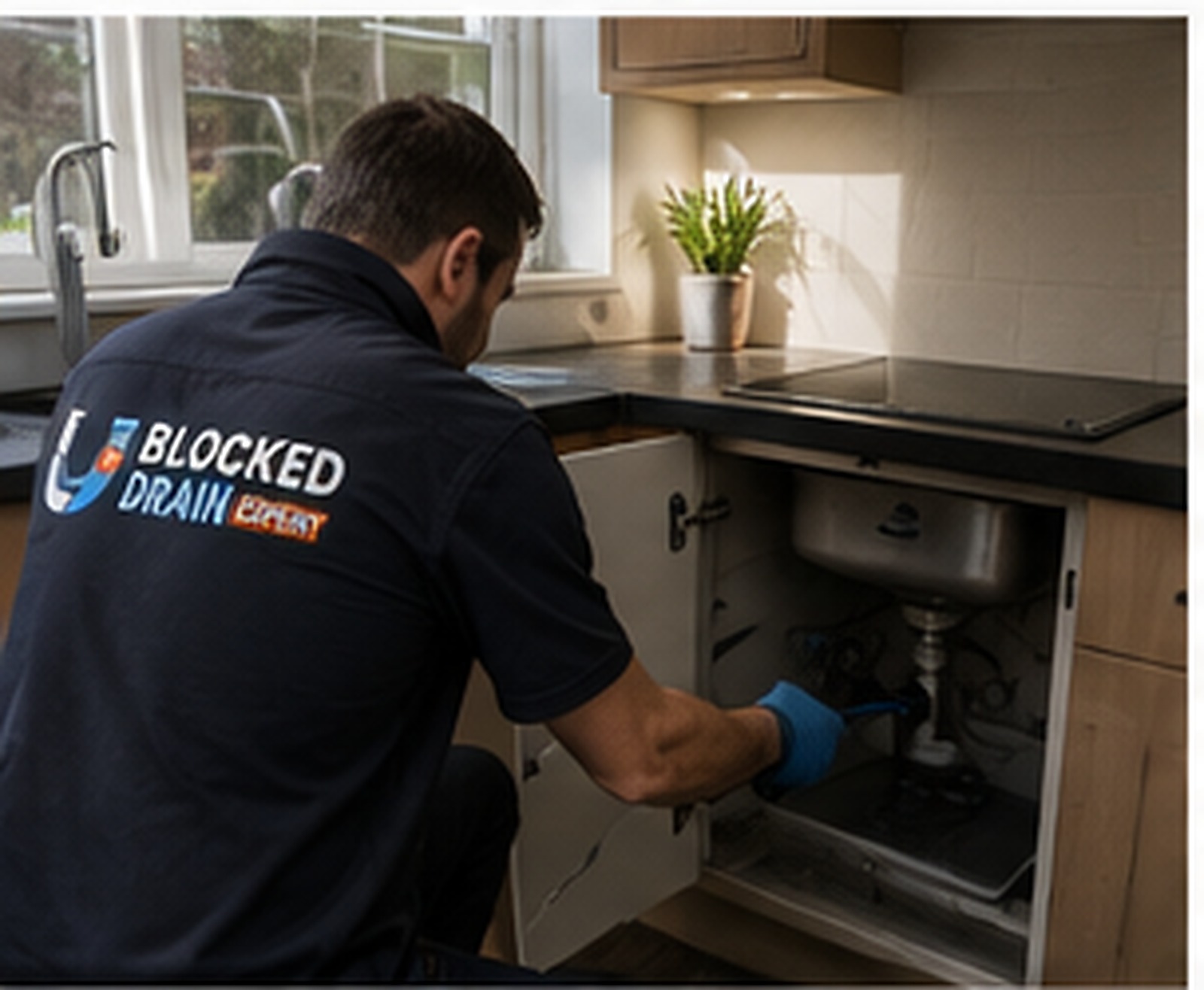 Drainage engineer working beneath a sink